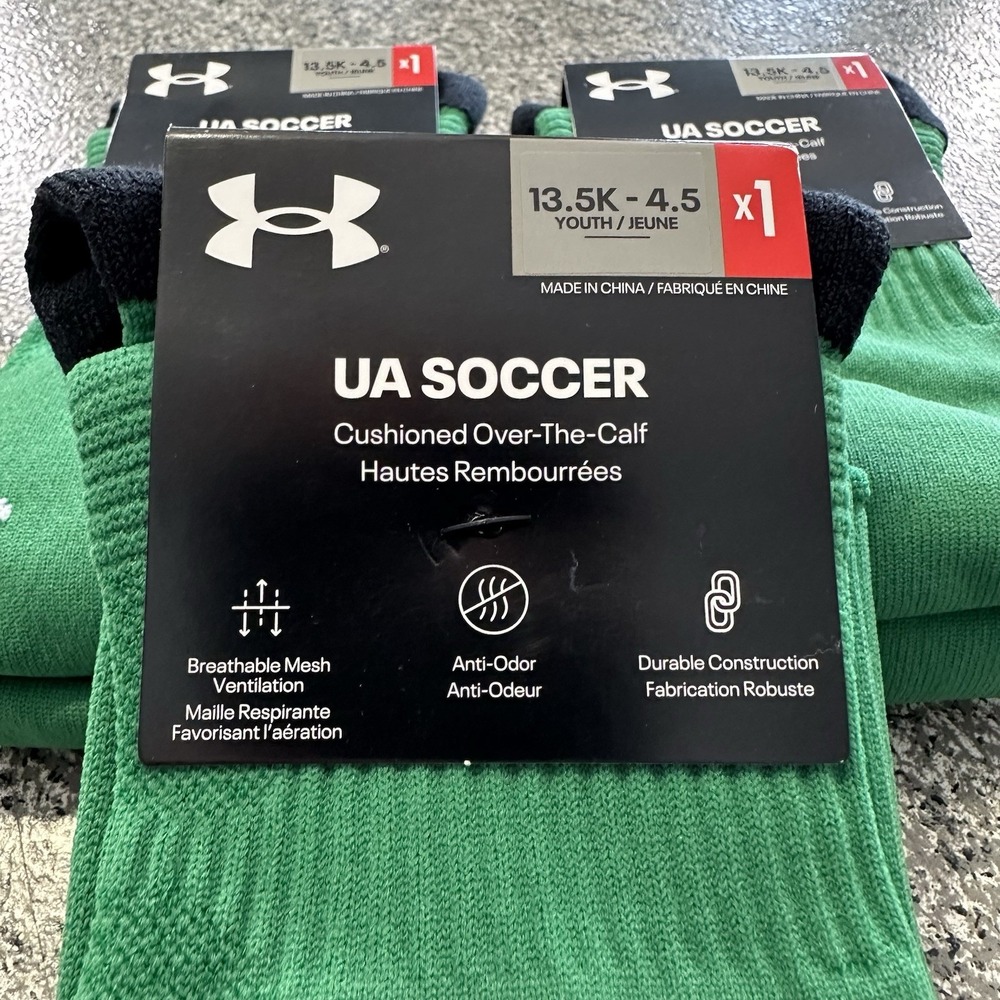 Under Armour Soccer Socks Youth L Lot 3 Pairs Kids 13.5-4.5Y OTC Cushioned Green - Picture 2 of 5